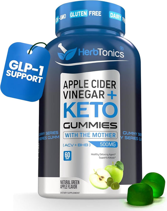 Herbtonics Keto Apple Cider Vinegar Gummies for Digestion & Detox - Sugar Free BHB Formula with The Mother - 60 Vegan Gummies