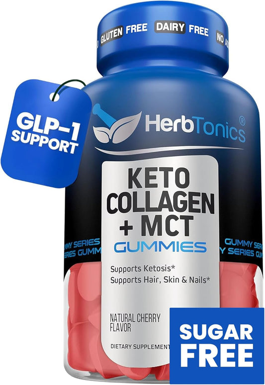 Herbtonics Keto Gummies with MCT Oil and Collagen for Anti-Aging, Hair Growth, and Skin Care - Sugar-Free On-The-Go Protein Gummies