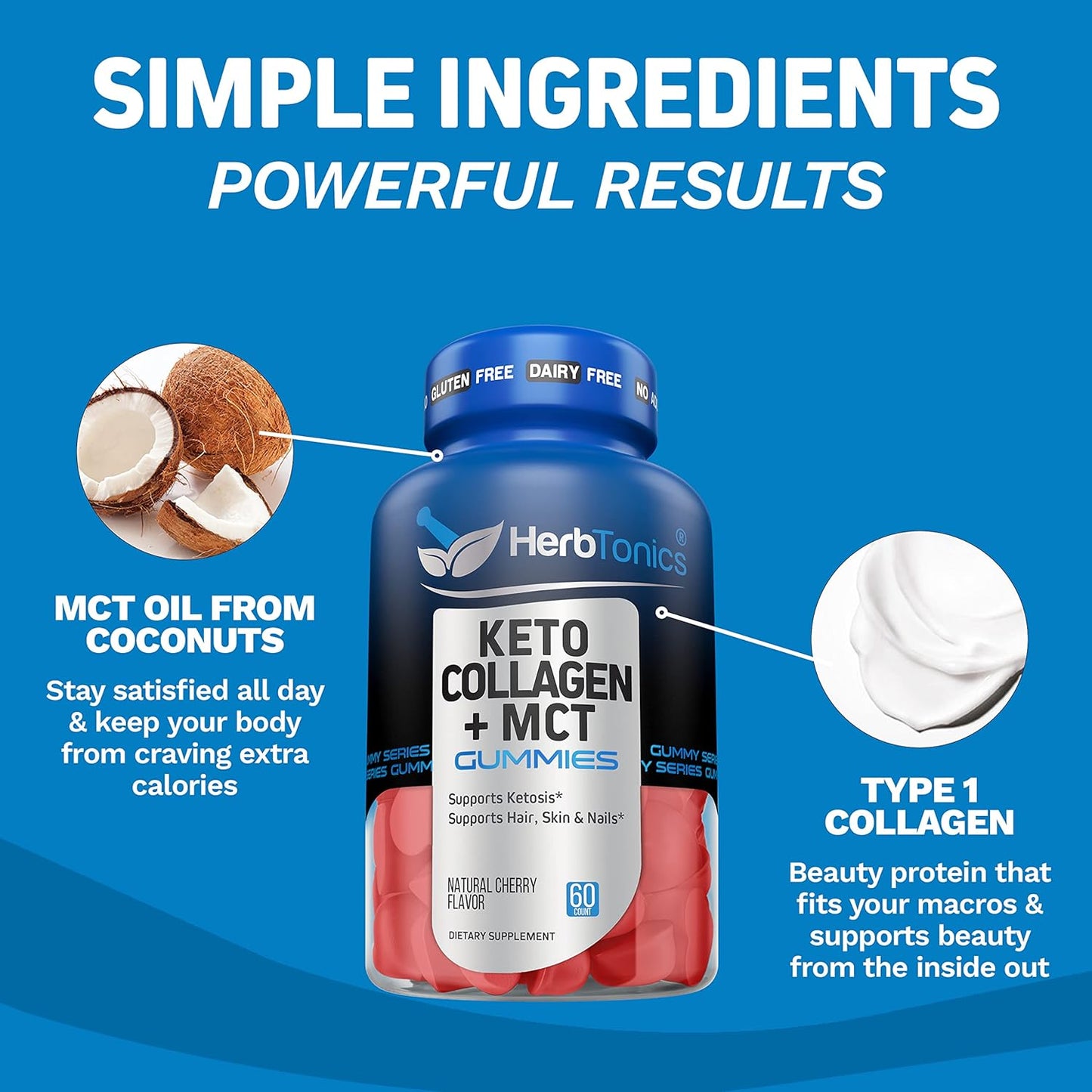 Herbtonics Keto Gummies with MCT Oil and Collagen for Anti-Aging, Hair Growth, and Skin Care - Sugar-Free On-The-Go Protein Gummies