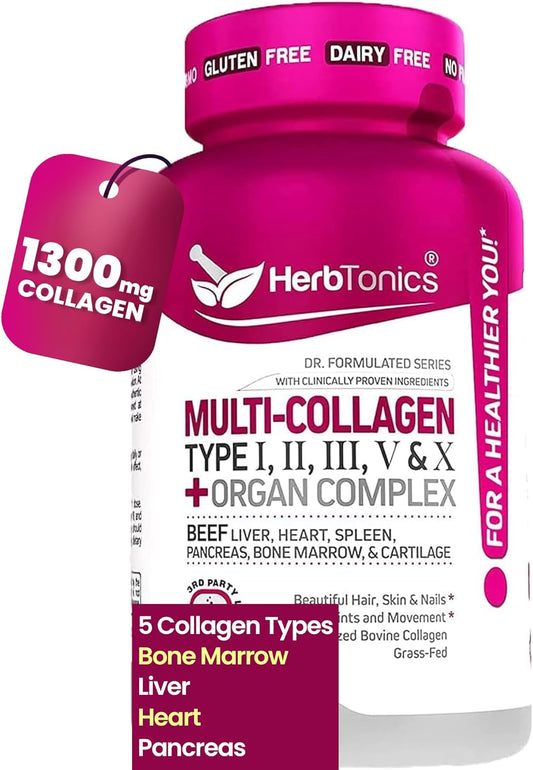 Herbtonics Multi Collagen Complex with Bone Broth Protein Peptides - Supports Hair, Skin, Nails, and Joints - 90 Pills