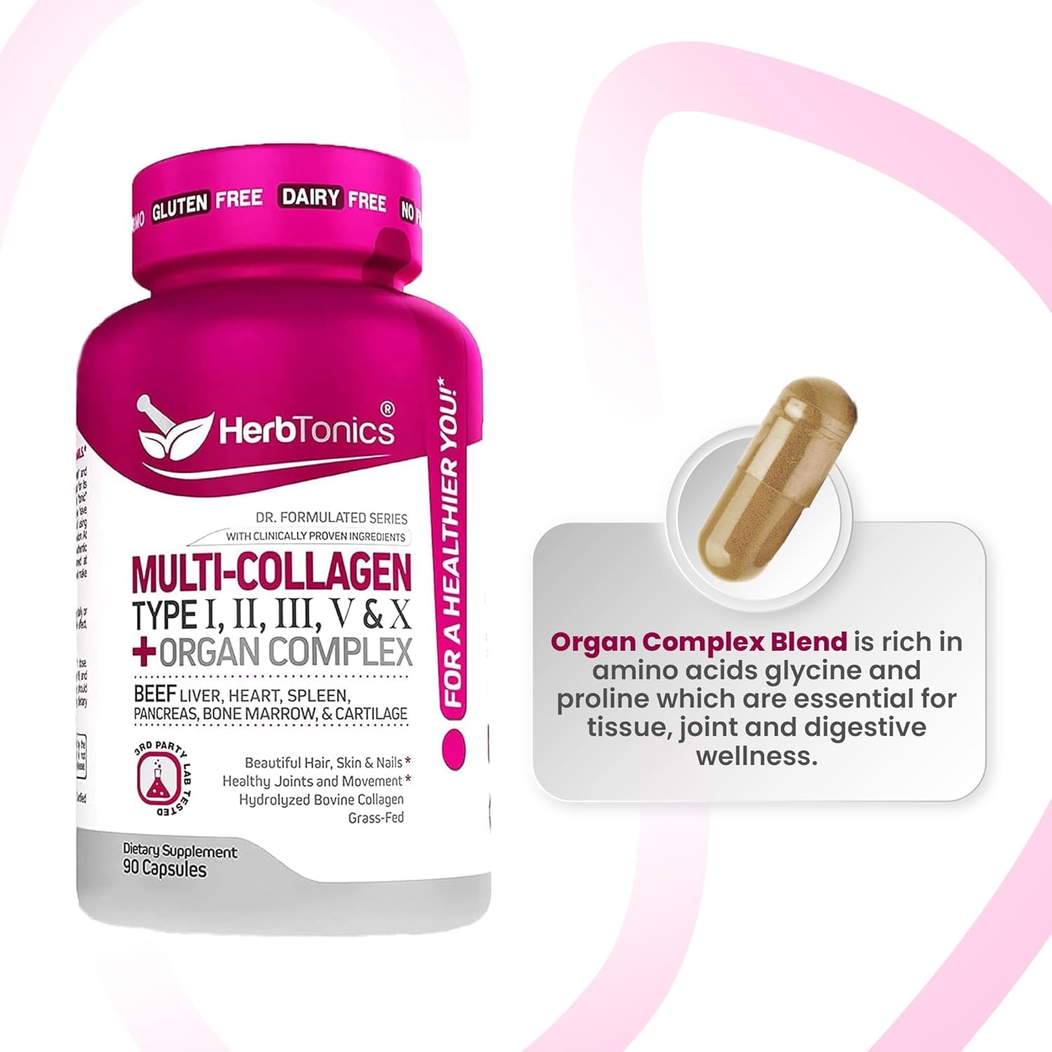 Herbtonics Multi Collagen Complex with Bone Broth Protein Peptides - Supports Hair, Skin, Nails, and Joints - 90 Pills