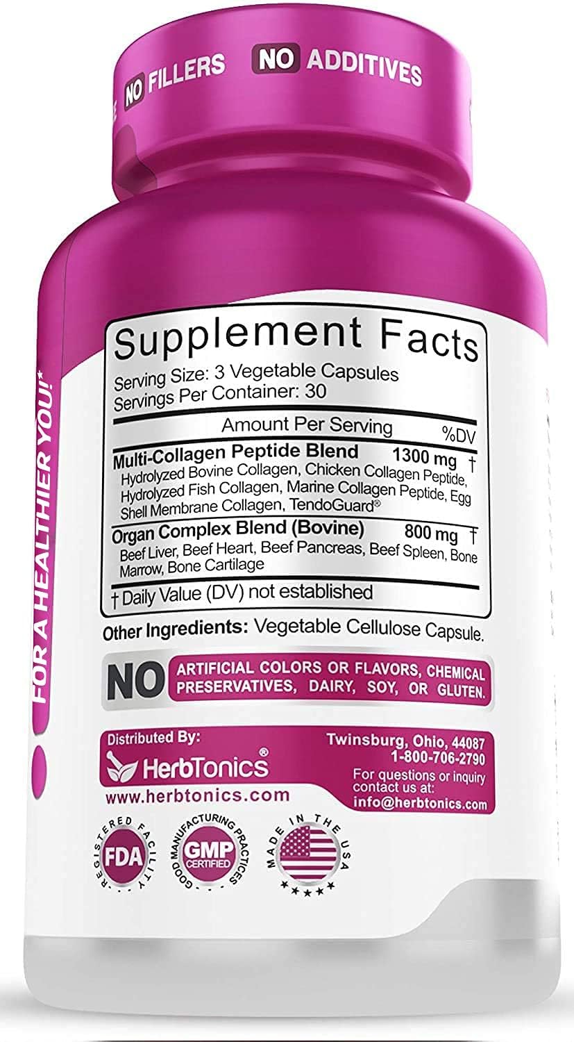 Herbtonics Multi Collagen Complex with Bone Broth Protein Peptides - Supports Hair, Skin, Nails, and Joints - 90 Pills
