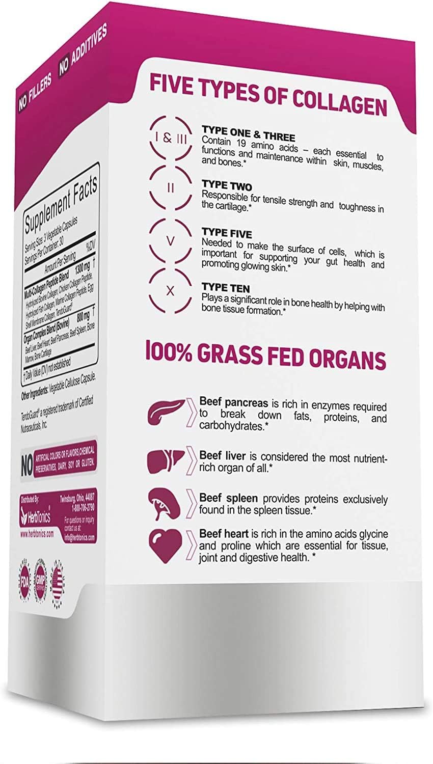 Herbtonics Multi Collagen Complex with Bone Broth Protein Peptides - Supports Hair, Skin, Nails, and Joints - 90 Pills