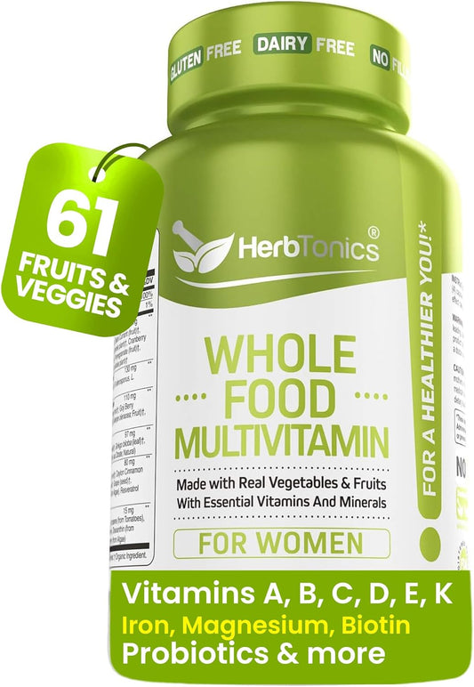Herbtonics Women's Whole Food Multivitamin with Superfoods and Real Raw Ingredients - Non-GMO, 120 Vegan Capsules