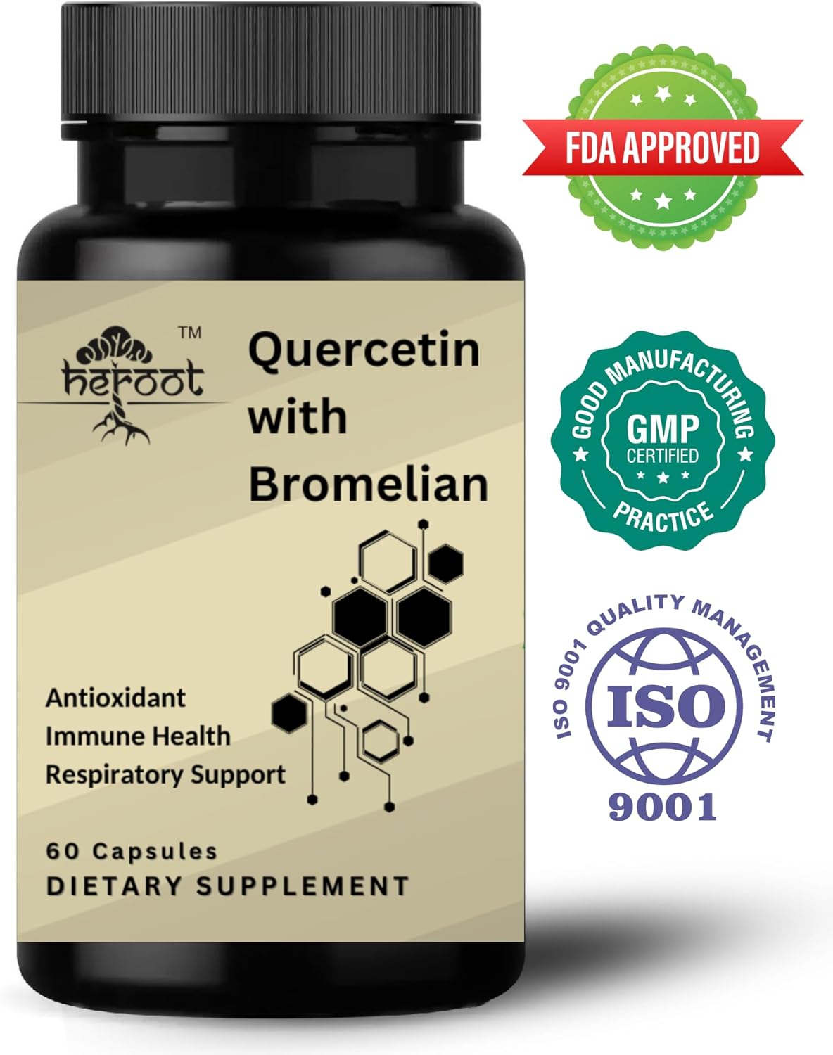 Heroot Quercetin and Bromelain Capsules 500mg - Non-GMO Respiratory Support for Overall Health (60 Capsules)