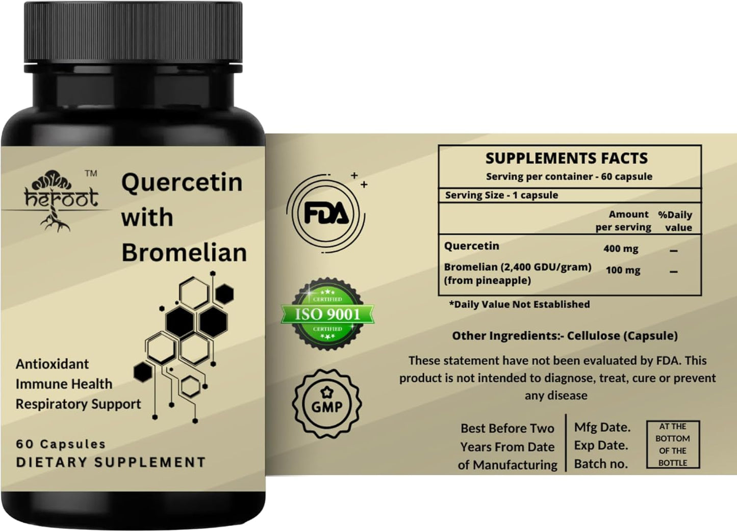 Heroot Quercetin and Bromelain Capsules 500mg - Non-GMO Respiratory Support for Overall Health (60 Capsules)