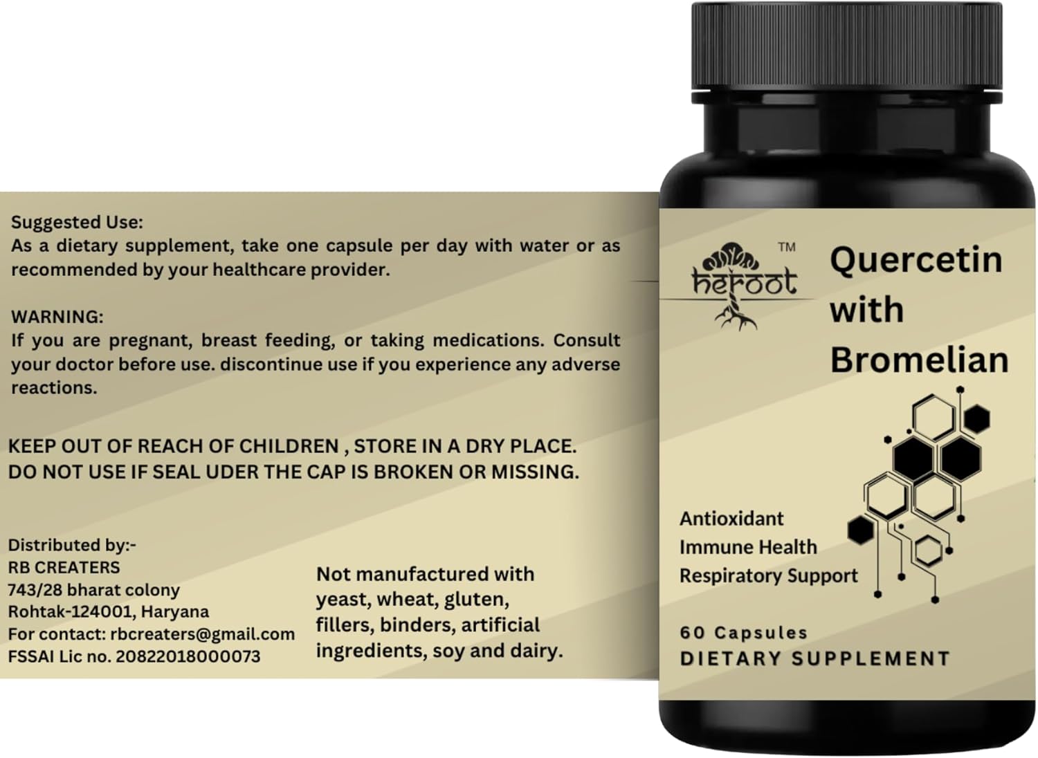 Heroot Quercetin and Bromelain Capsules 500mg - Non-GMO Respiratory Support for Overall Health (60 Capsules)