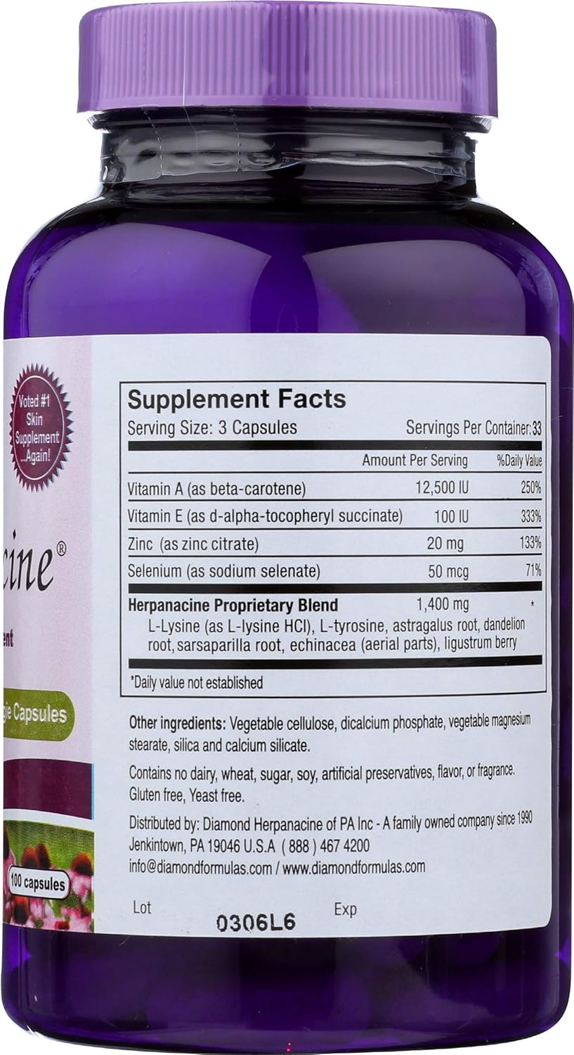 Herpanacine Skin Support with Diamond Herpanacine - 100 Capsules, 3-Pack - Natural Skin Health Supplement