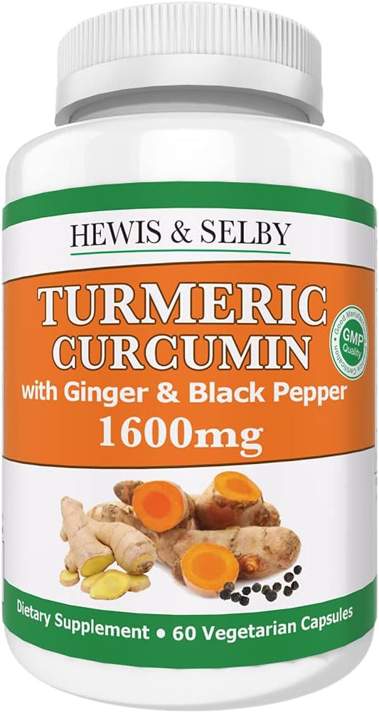 Hewis & Selby Turmeric Ginger Curcumin Capsules - 1600mg with Black Pepper Extract - 60 Veggie Caps - USA Made - Joint Pain & Inflammation Support