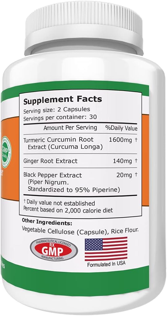 Hewis & Selby Turmeric Ginger Curcumin Capsules - 1600mg with Black Pepper Extract - 60 Veggie Caps - USA Made - Joint Pain & Inflammation Support