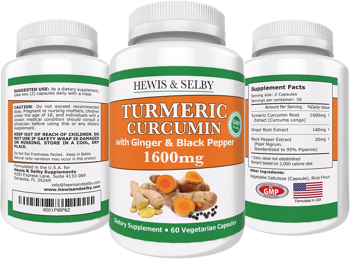 Hewis & Selby Turmeric Ginger Curcumin Capsules - 1600mg with Black Pepper Extract - 60 Veggie Caps - USA Made - Joint Pain & Inflammation Support