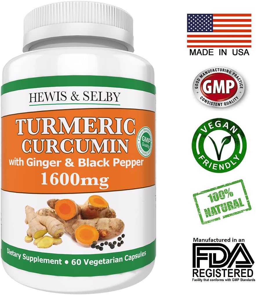 Hewis & Selby Turmeric Ginger Curcumin Capsules - 1600mg with Black Pepper Extract - 60 Veggie Caps - USA Made - Joint Pain & Inflammation Support
