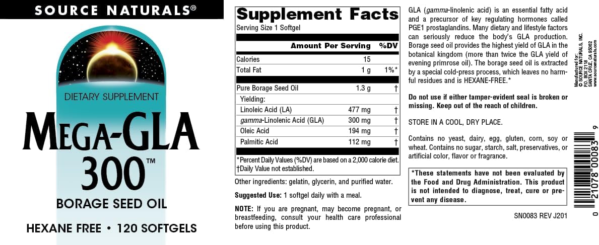 Hexane-Free Source Naturals Mega-GLA 300 Borage Seed Oil Softgels - 120 Count