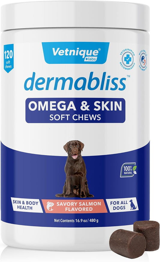 Hickory Salmon Dog Treats with Biotin & DHA for Healthy Skin & Coat - Omega Fish Oil Soft Chews for Dogs by Vetnique Labs (120 Count)