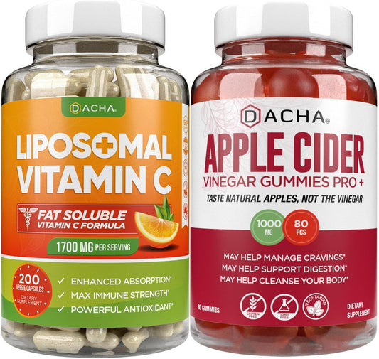 High Absorb Potency Immune Boost Bundle - Liposomal Vitamin C & Apple Cider Vinegar Gummies for Detox, Slimming Formula Support, and Stomach Friendly Cleanse