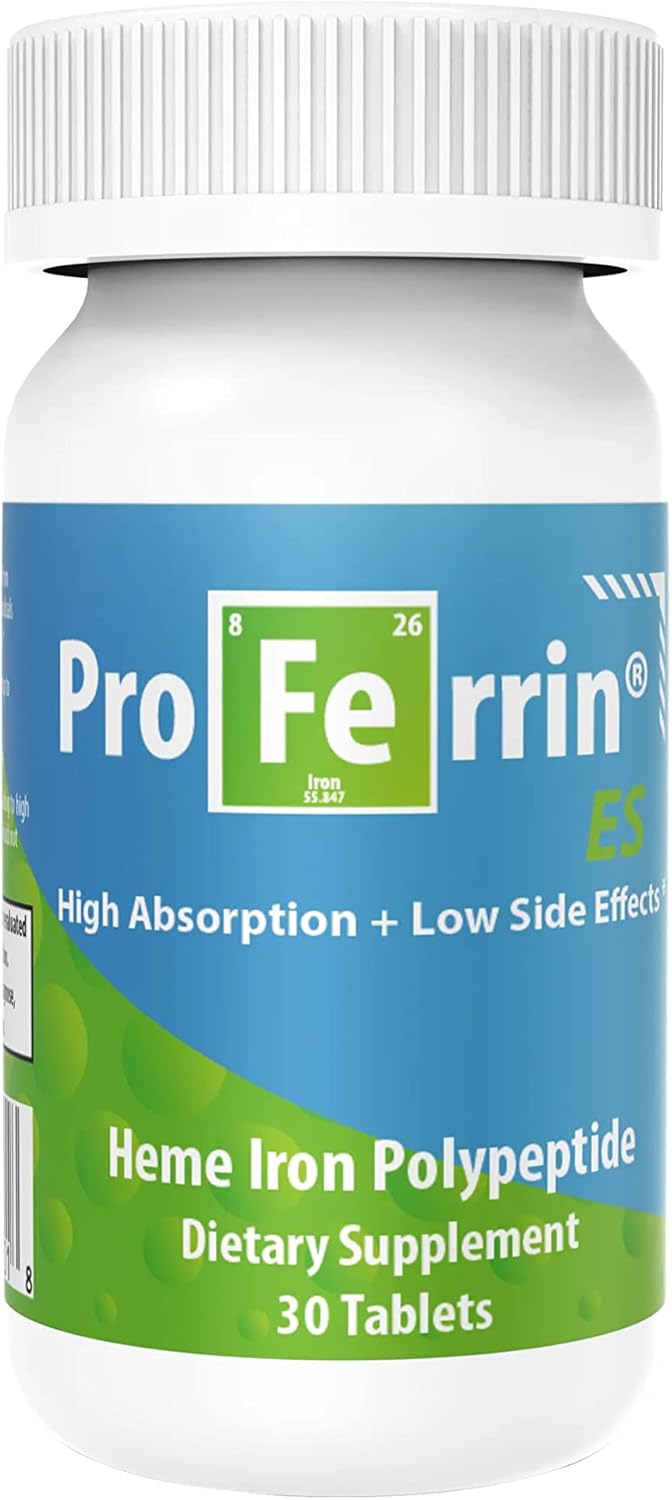 High Absorbing Proferrin ES Heme Iron Polypeptide Tablets - 10.5mg, 30 Count, Made in USA, Gentle on Stomach, Coffee & Calcium Resistant