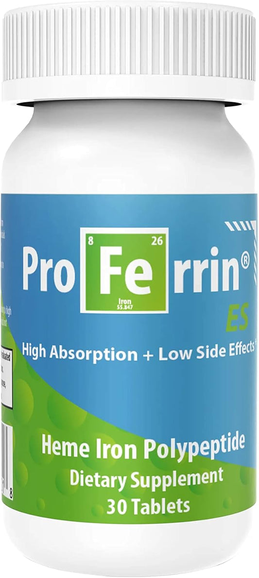 High Absorbing Proferrin ES Heme Iron Polypeptide Tablets - 10.5mg, 30 Count, Made in USA, Gentle on Stomach, Coffee & Calcium Resistant