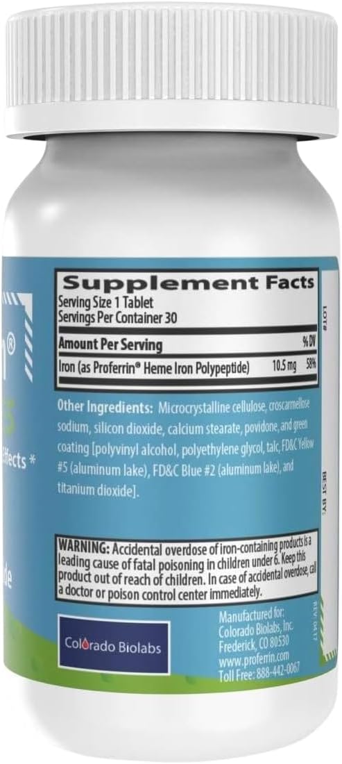 High Absorbing Proferrin ES Heme Iron Polypeptide Tablets - 10.5mg, 30 Count, Made in USA, Gentle on Stomach, Coffee & Calcium Resistant