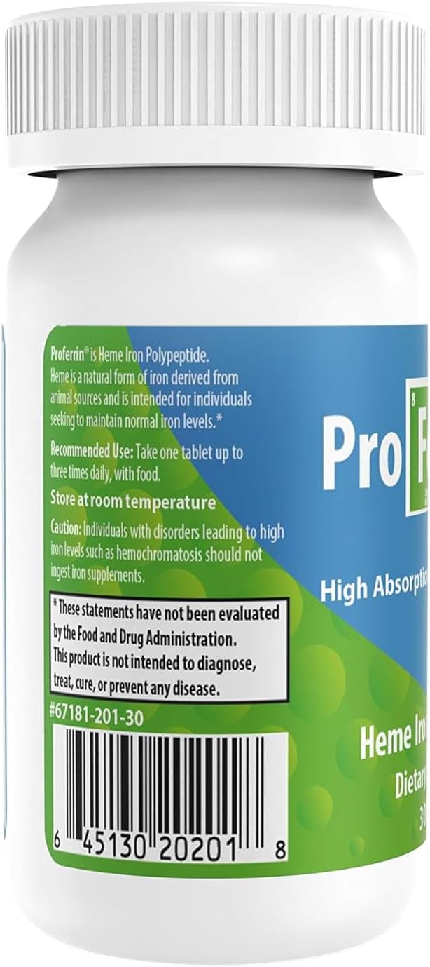 High Absorbing Proferrin ES Heme Iron Polypeptide Tablets - 10.5mg, 30 Count, Made in USA, Gentle on Stomach, Coffee & Calcium Resistant
