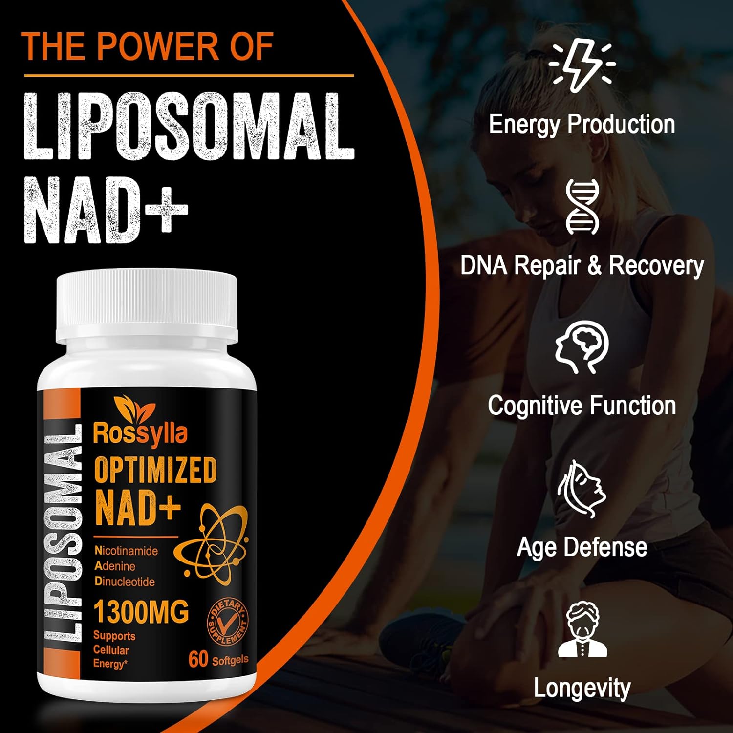 High Absorption 1300 MG Liposomal NAD+ Supplement for Aging Defense & Cellular Energy - 60 Count