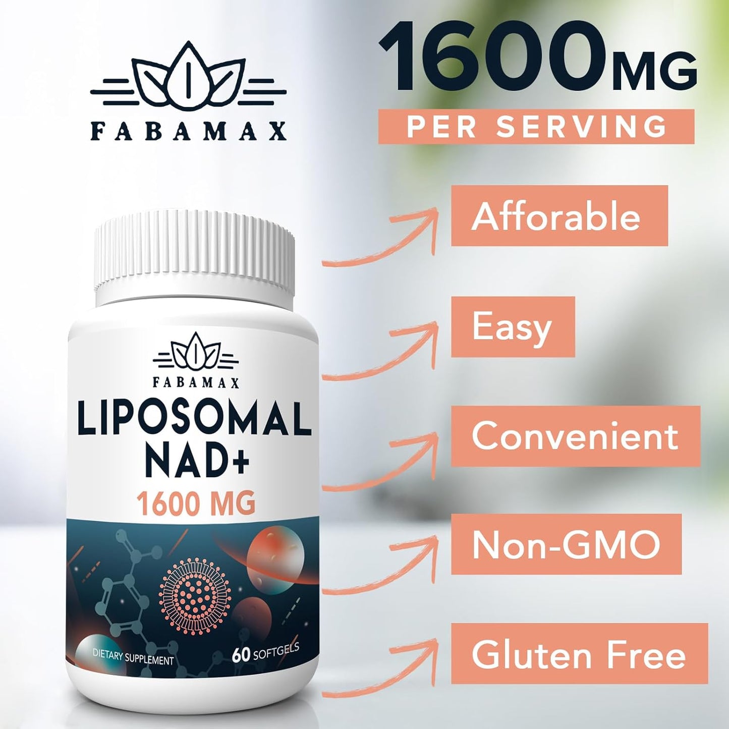 High Absorption 1600 mg Liposomal NAD Supplement - 98% Pure NAD+ for Aging Defense & Energy - Alternative to NADH - 360 Softgels