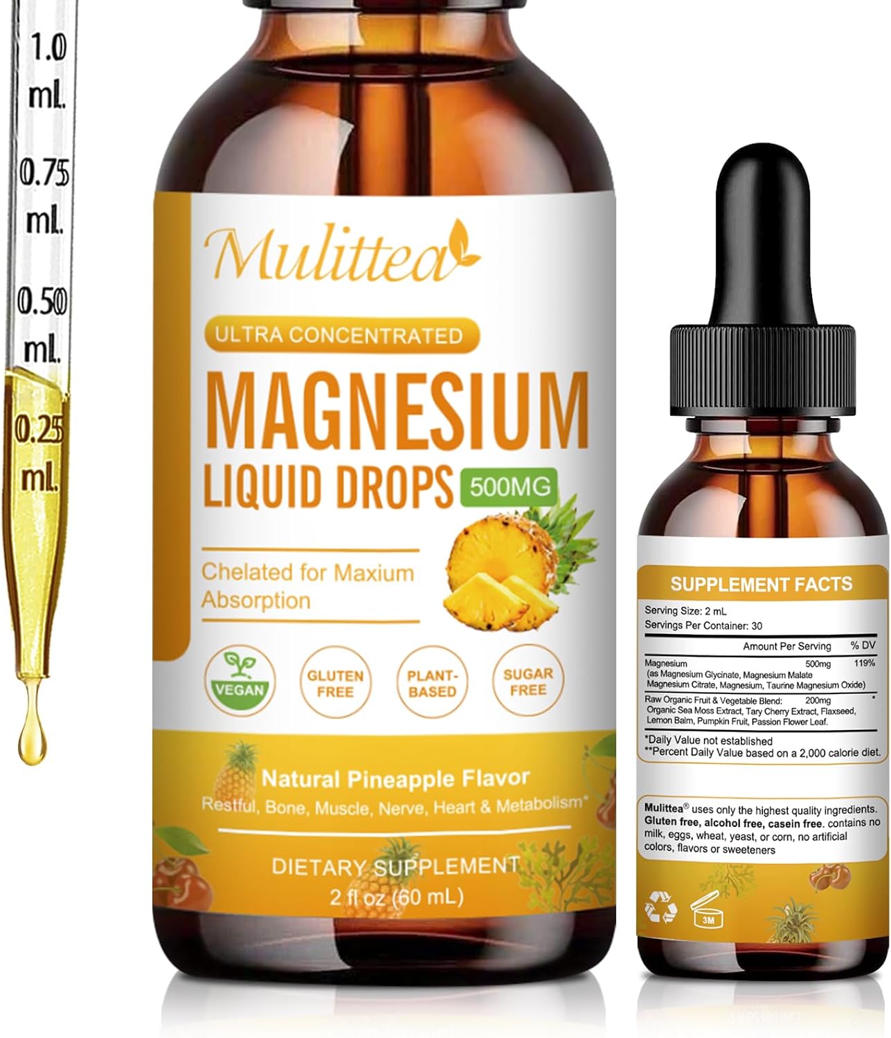 High Absorption 5-in-1 Magnesium Complex Liquid Drops for Bone, Muscles, Nerves & Energy - Vegan, Sugar Free - 2 Fl.oz