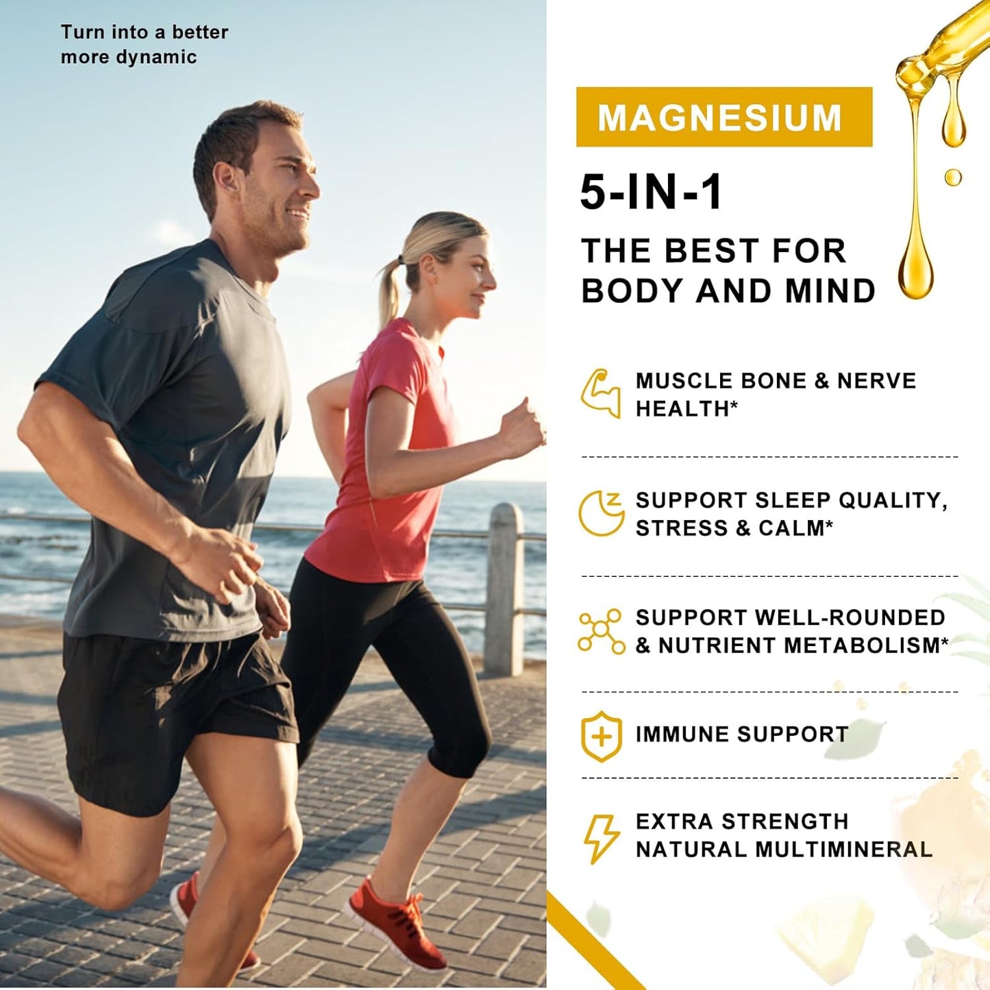 High Absorption 5-in-1 Magnesium Complex Liquid Drops for Bone, Muscles, Nerves & Energy - Vegan, Sugar Free - 2 Fl.oz