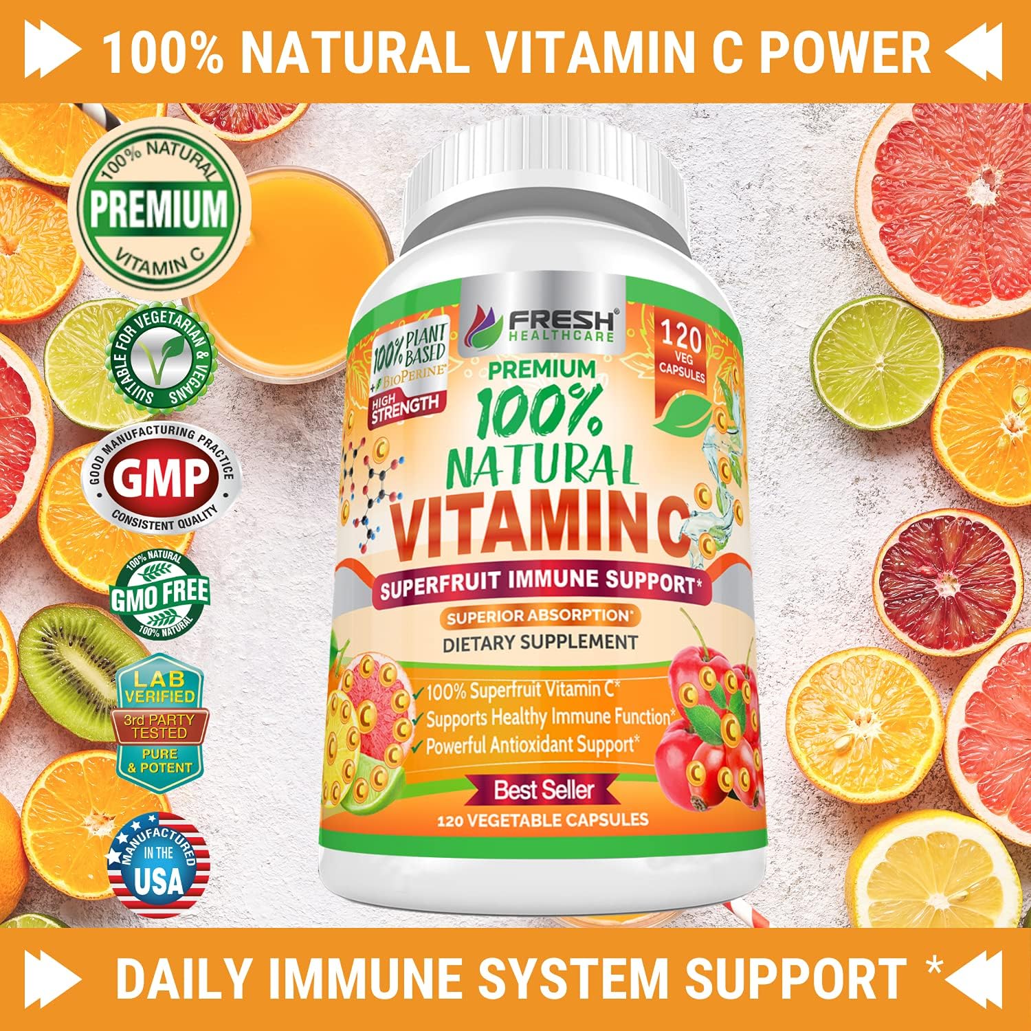 High Absorption 500mg Natural Vitamin C with Rose HIPS, Acerola Cherry, and Camu Camu - Immune Support, Skin, Joint, and Collagen Booster - 120 Capsules