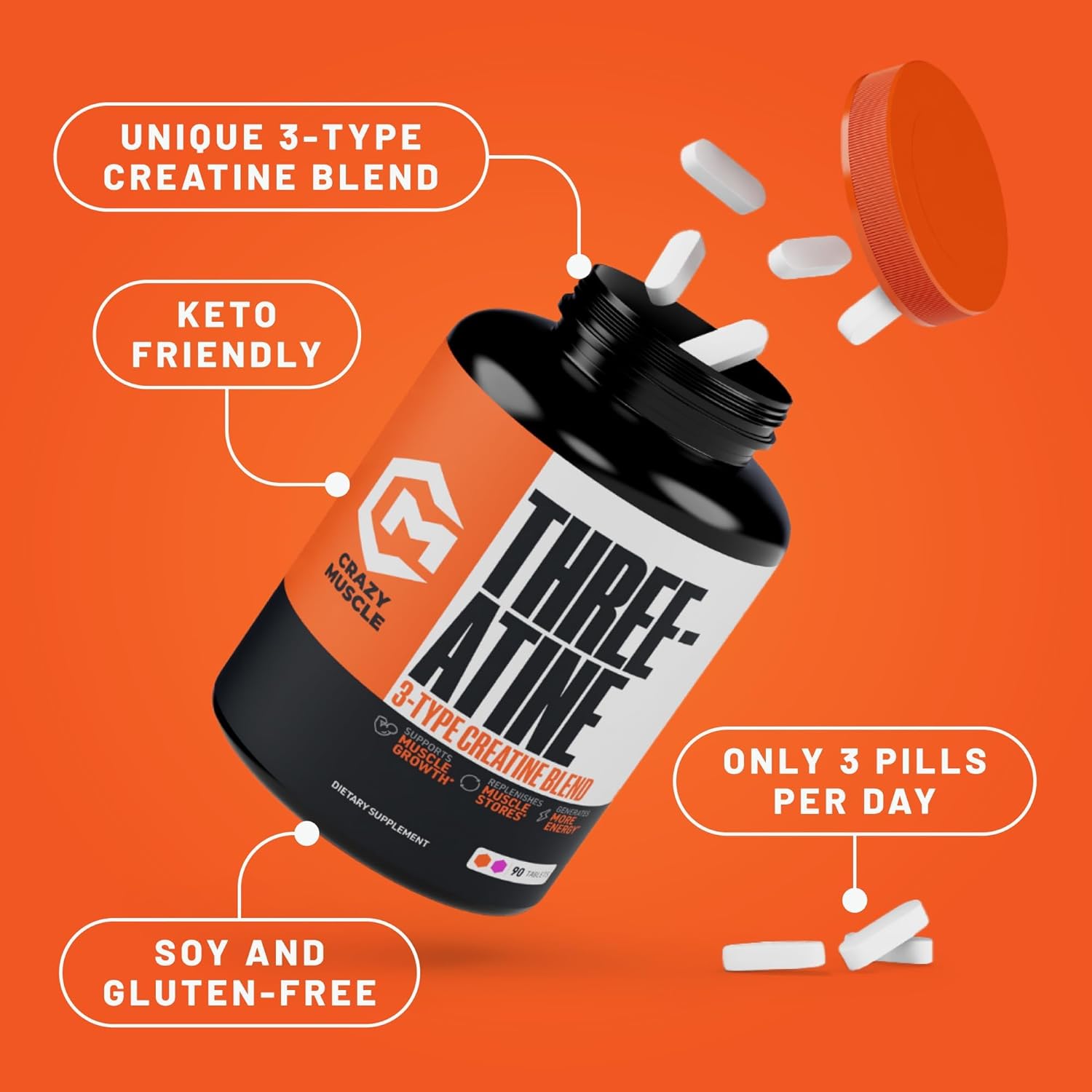 High Absorption 5g 3X Pure Creatine Monohydrate Pills for Lean Muscle Growth - 90 Tablets