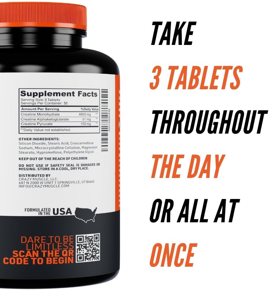 High Absorption 5g 3X Pure Creatine Monohydrate Pills for Lean Muscle Growth - 90 Tablets