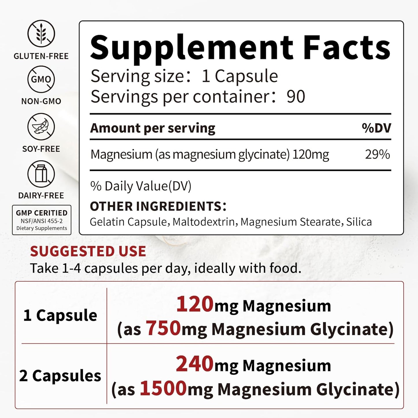 High Absorption 750mg Magnesium Glycinate Supplement with 120mg Magnesium - Supports Heart, Nerves, Muscles, Bone Health - Relieves Stress, Improves Sleep - 90 Capsules