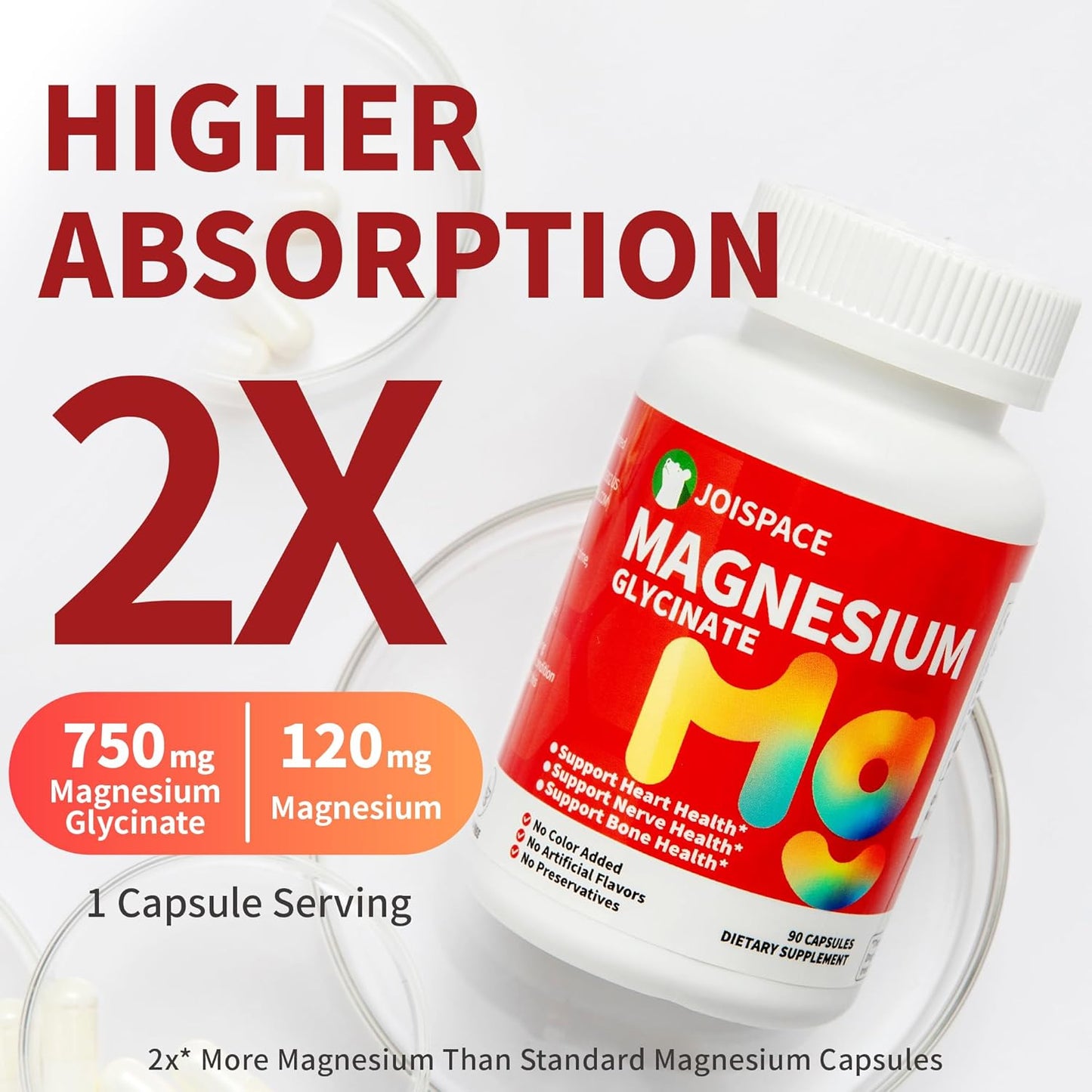 High Absorption 750mg Magnesium Glycinate Supplement with 120mg Magnesium - Supports Heart, Nerves, Muscles, Bone Health - Relieves Stress, Improves Sleep - 90 Capsules