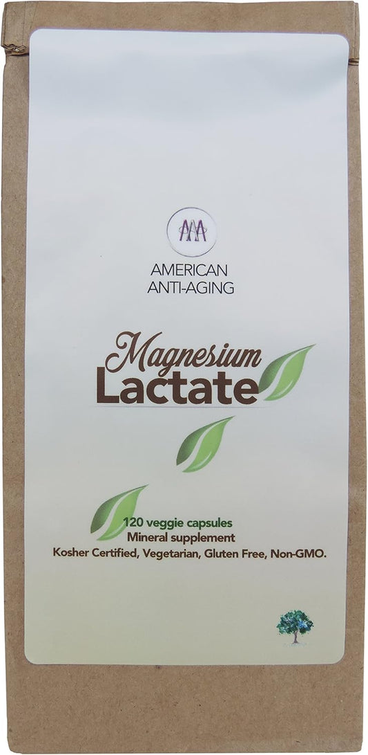 High Absorption American Anti Aging Magnesium Lactate Capsules - 120 Vegetarian Capsules, Eco-Friendly Packaging.