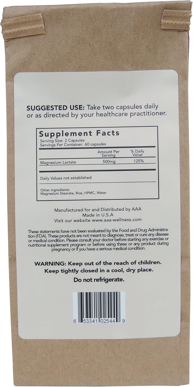 High Absorption American Anti Aging Magnesium Lactate Capsules - 120 Vegetarian Capsules, Eco-Friendly Packaging.