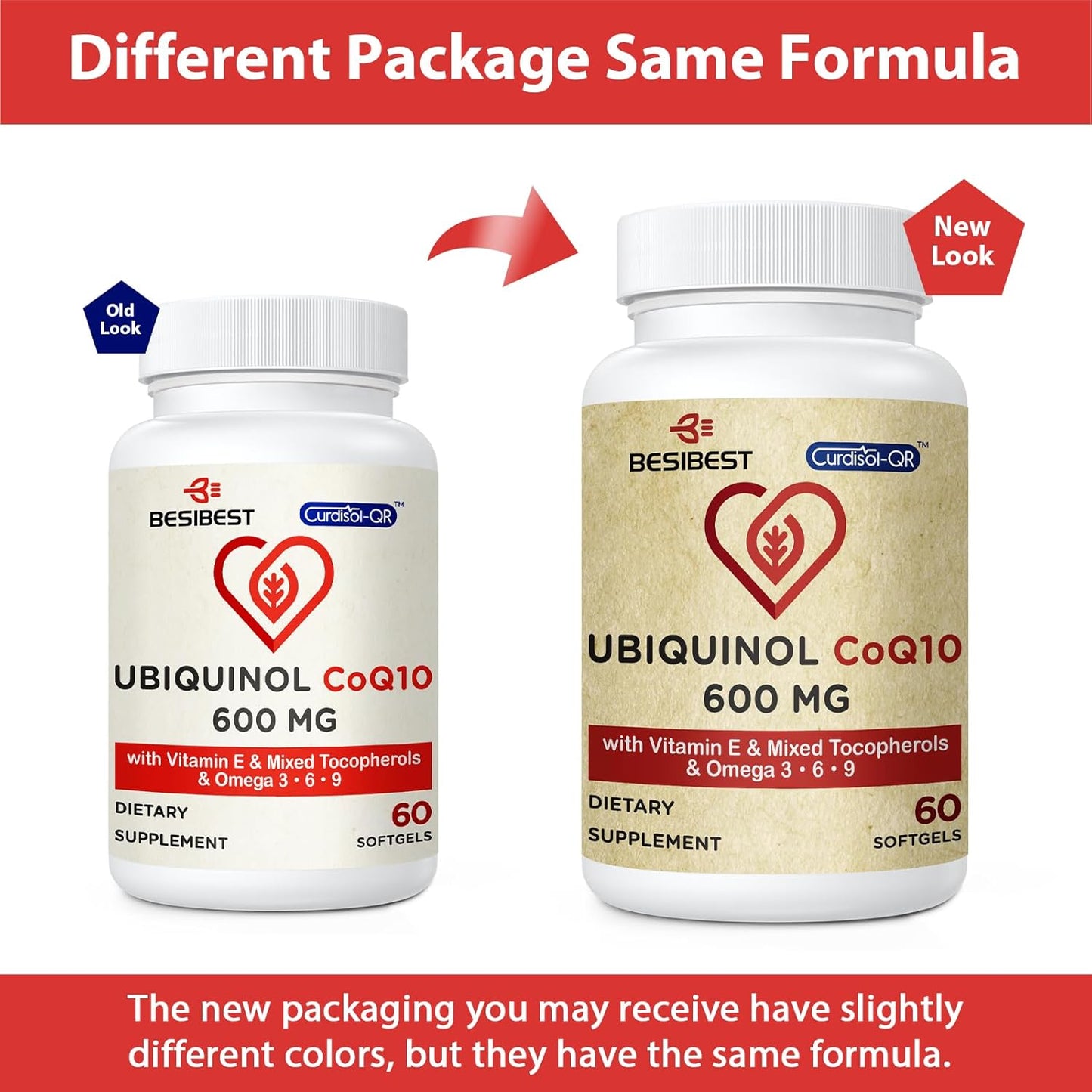 High Absorption Besibest Ubiquinol CoQ10 Softgels - 600mg with Vitamin E & Omega 3, 6, 9 - Powerful Antioxidant Supplement for Energy Production - 60 Count