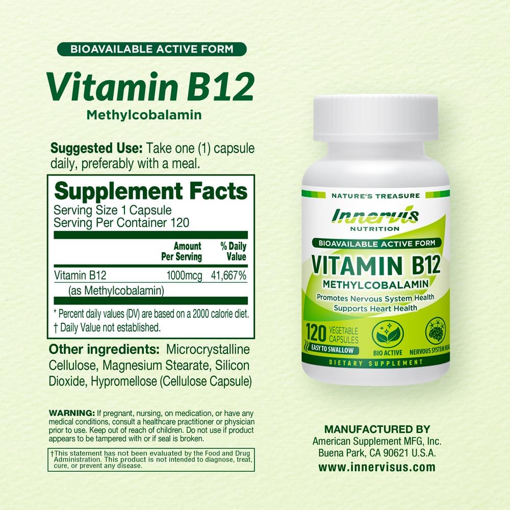 High Absorption BioActive B12 Methylcobalamin 1000mcg - Supports Energy, Nerve & Heart Health - 120 Vegan Capsules - Non-GMO USA