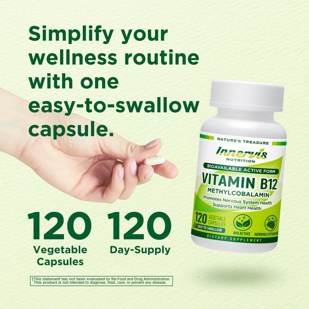 High Absorption BioActive B12 Methylcobalamin 1000mcg - Supports Energy, Nerve & Heart Health - 120 Vegan Capsules - Non-GMO USA