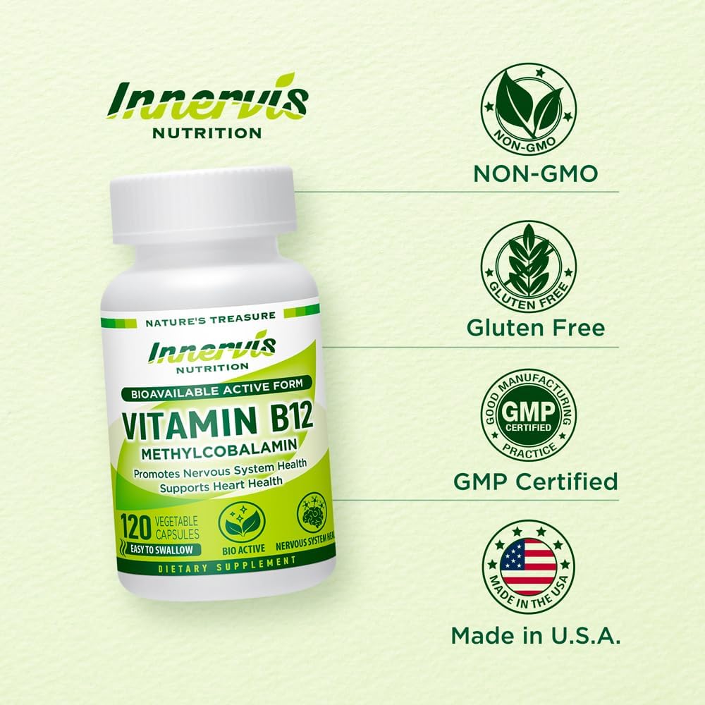High Absorption BioActive B12 Methylcobalamin 1000mcg - Supports Energy, Nerve & Heart Health - 120 Vegan Capsules - Non-GMO USA