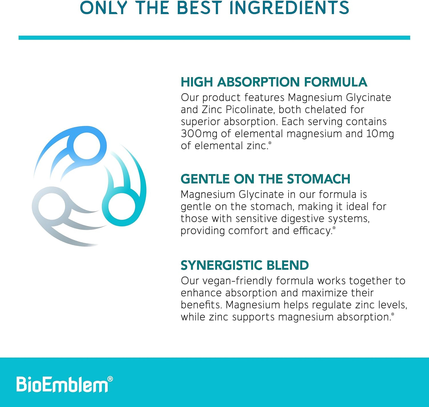High Absorption BioEmblem Magnesium Glycinate with Zinc - 300mg Chelated Supplement - Vegan Non-GMO 2-in-1 Complex - Immune Support, Muscles, Nerves - 90 Capsules