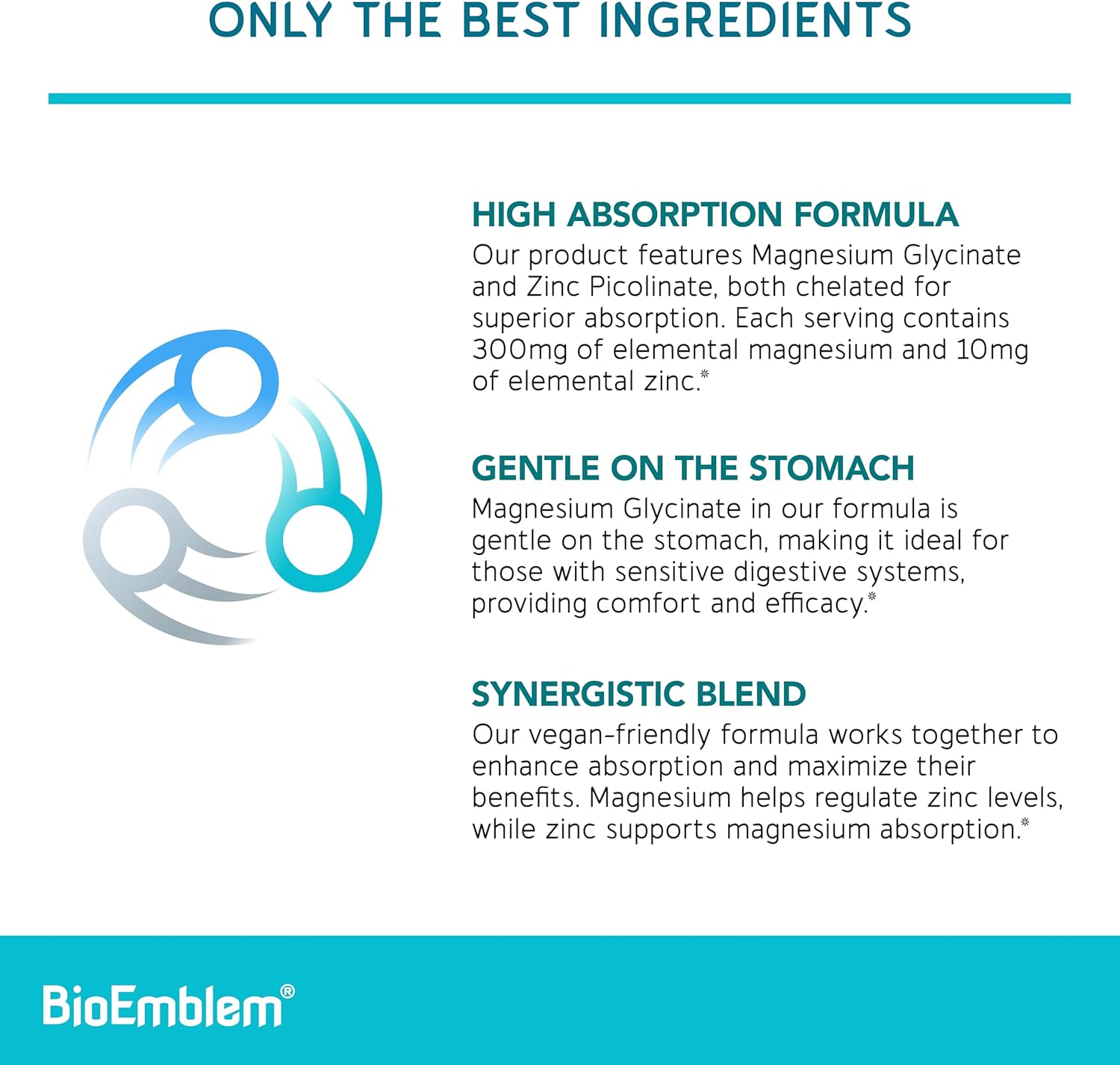 High Absorption BioEmblem Magnesium Glycinate with Zinc - 300mg Chelated Supplement - Vegan Non-GMO 2-in-1 Complex - Immune Support, Muscles, Nerves - 90 Capsules
