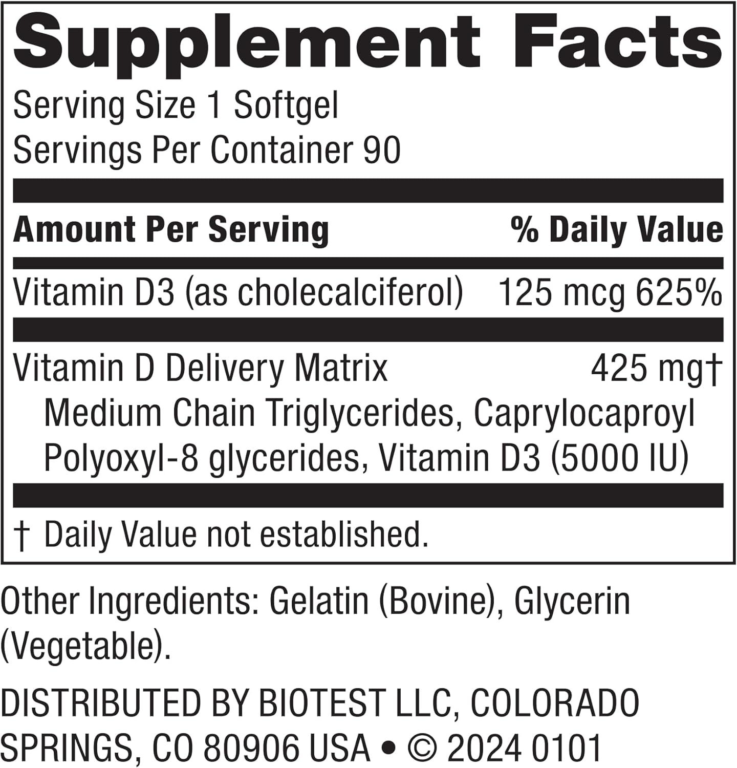 High-Absorption Biotest D Fix Vitamin D3 Softgels - 5000 IU - 90 Day Supply for Immune Support, Bone Health, and Mood Boosting
