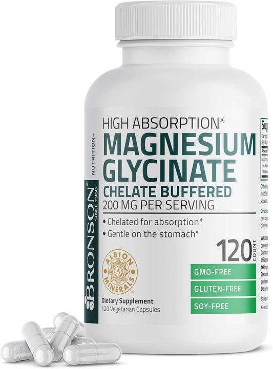 High Absorption Bronson Magnesium Glycinate 200 MG - Gentle On Stomach, Non-GMO, 120 Veg Capsules