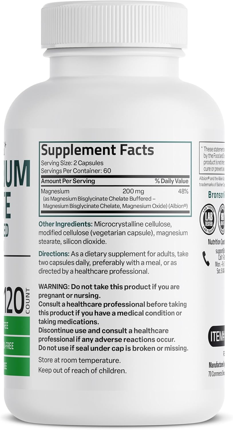 High Absorption Bronson Magnesium Glycinate 200 MG - Gentle On Stomach, Non-GMO, 120 Veg Capsules