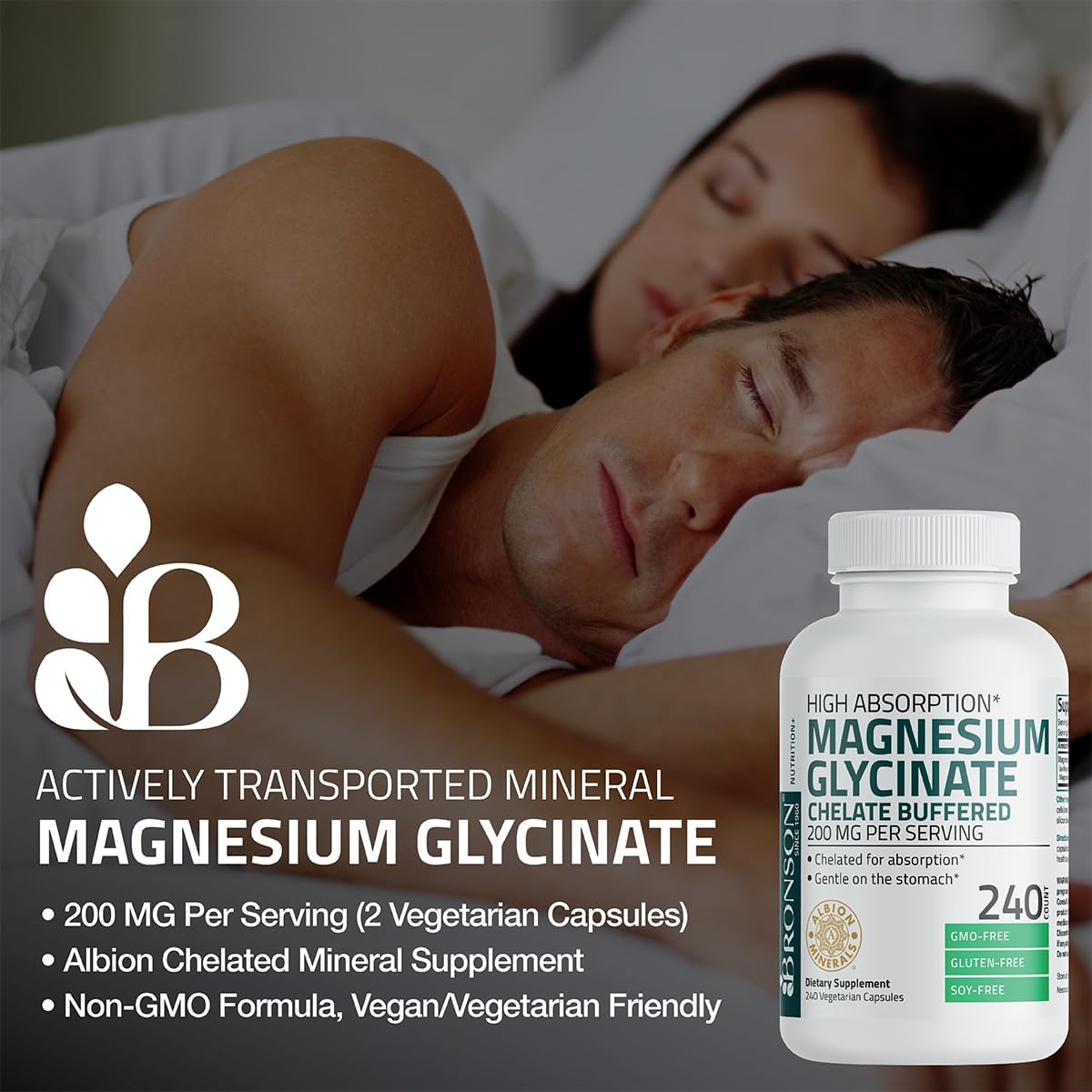 High Absorption Bronson Magnesium Glycinate 200 MG - Gentle On Stomach, Non-GMO, 120 Veg Capsules