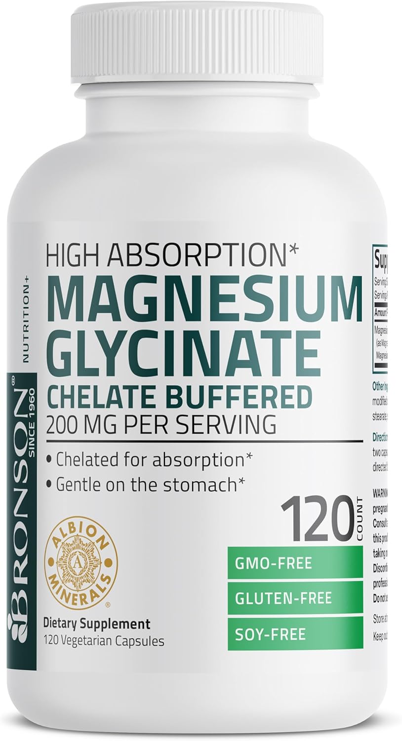 High Absorption Bronson Magnesium Glycinate 200 MG - Gentle On Stomach, Non-GMO, 120 Veg Capsules