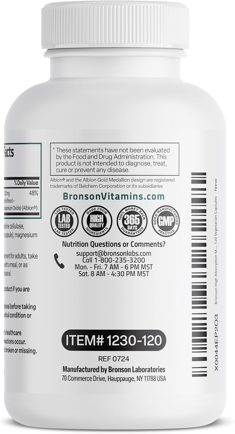 High Absorption Bronson Magnesium Glycinate 200 MG - Gentle On Stomach, Non-GMO, 120 Veg Capsules