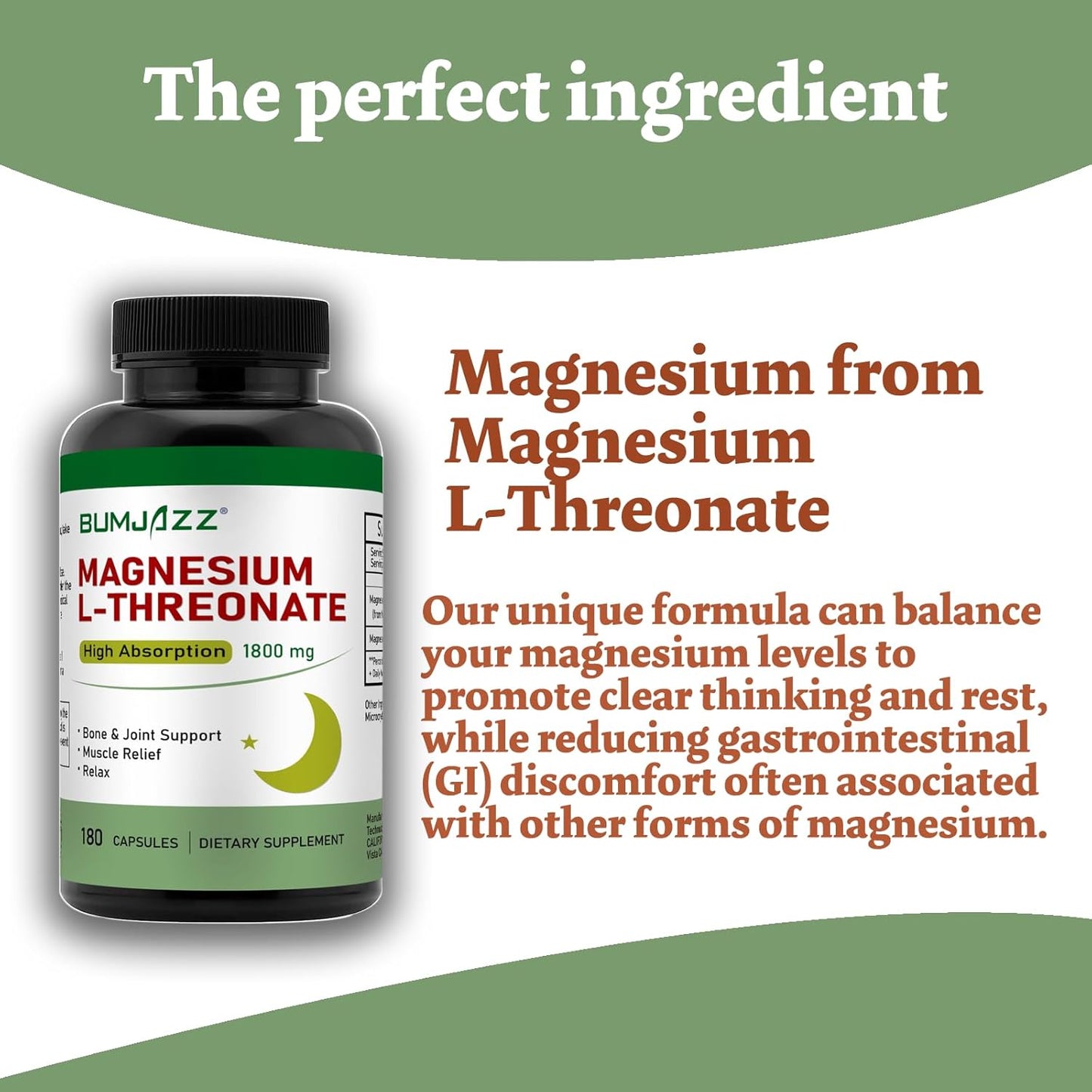 High Absorption Bumjazz Magnesium L-Threonate Capsules for Rest and Cognitive Function Support - 1,800mg - 180 Count