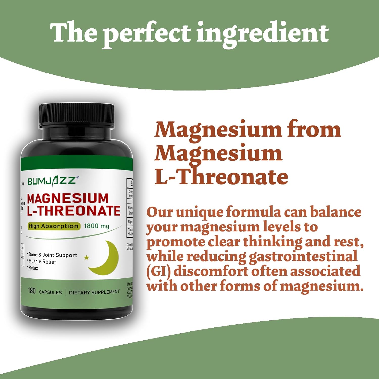 High Absorption Bumjazz Magnesium L-Threonate Capsules for Rest and Cognitive Function Support - 1,800mg - 180 Count