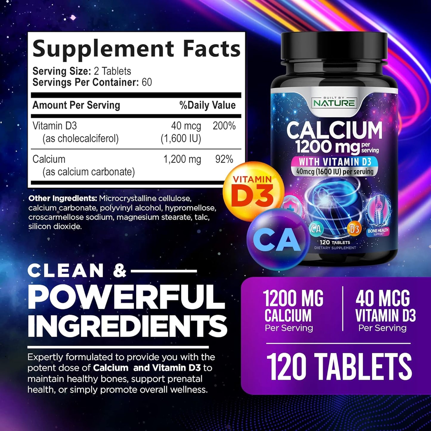 High Absorption Calcium 1200mg with Vitamin D3 for Strong Bones - Advanced Bone Health Supplement, Slow Release with 1600 IU D3, Easy to Swallow, 120 Tablets