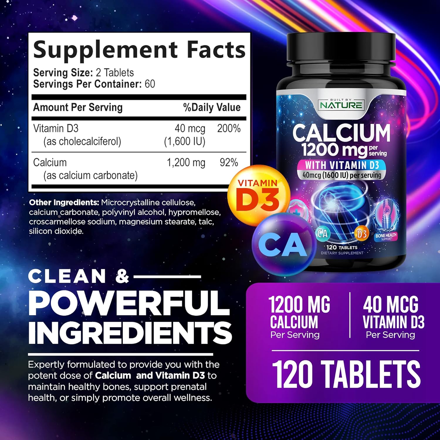 High Absorption Calcium 1200mg with Vitamin D3 for Strong Bones - Advanced Bone Health Supplement, Slow Release with 1600 IU D3, Easy to Swallow, 120 Tablets
